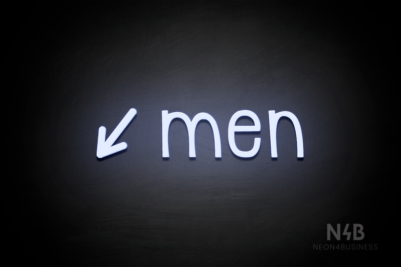 "Men" (left arrow tilted downwards, Monoline font) - LED neon sign