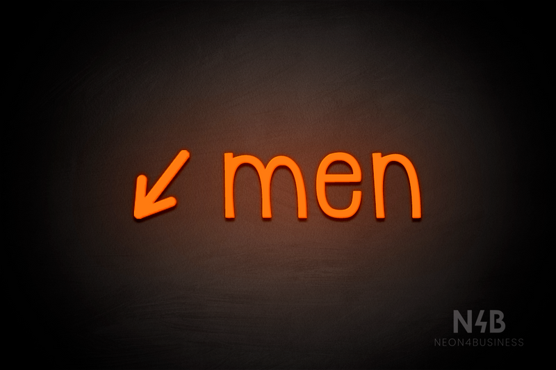 "Men" (left arrow tilted downwards, Monoline font) - LED neon sign