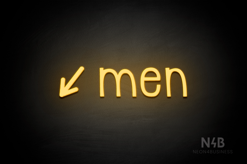 "Men" (left arrow tilted downwards, Monoline font) - LED neon sign