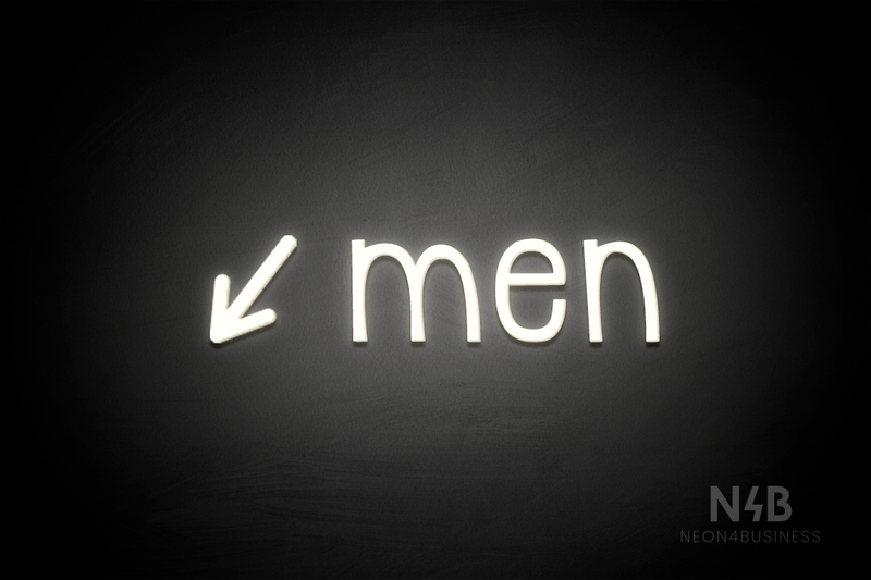 "Men" (left arrow tilted downwards, Monoline font) - LED neon sign