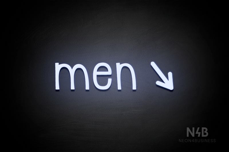 "Men" (right arrow tilted downwards, Monoline font) - LED neon sign