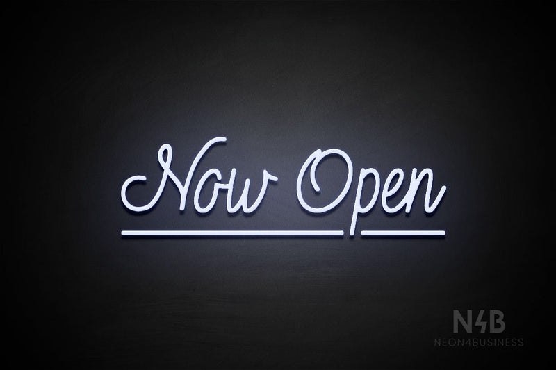 "Now Open" (underlined, Velvet font) - LED neon sign