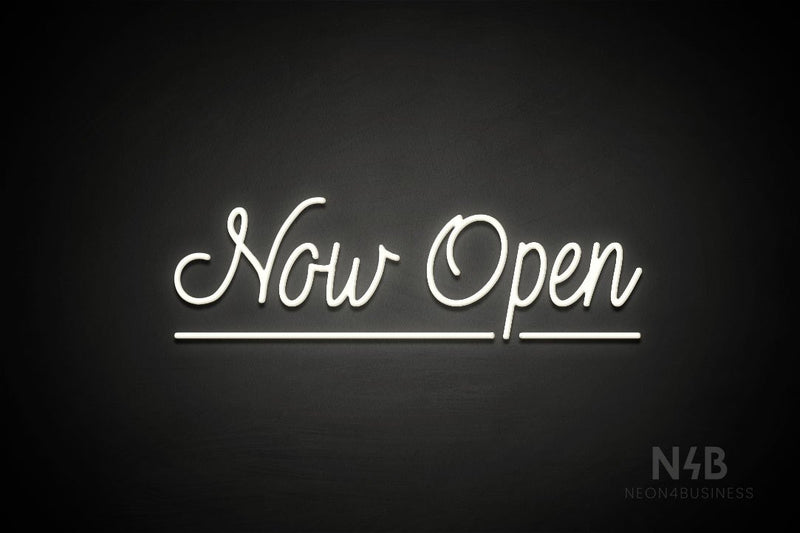 "Now Open" (underlined, Velvet font) - LED neon sign