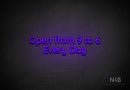 "Open from 9 to 6 Every Day" (Castle font) - LED neon sign