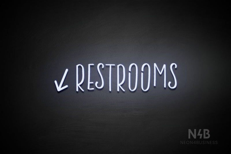 "RESTROOMS" (left down arrow, Brainstorm font) - LED neon sign