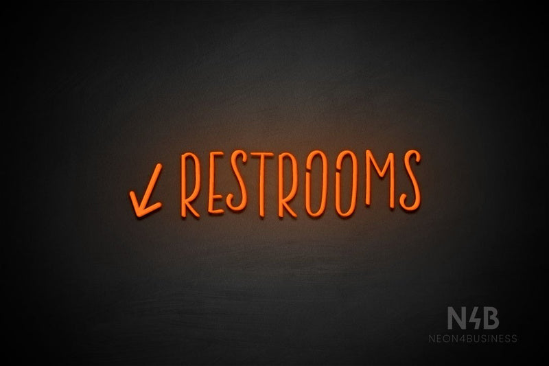 "RESTROOMS" (left down arrow, Brainstorm font) - LED neon sign