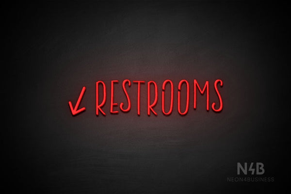 "RESTROOMS" (left down arrow, Brainstorm font) - LED neon sign