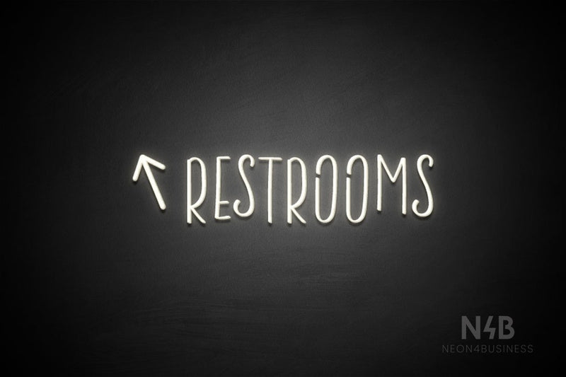 "RESTROOMS" (left up arrow, Brainstorm font) - LED neon sign