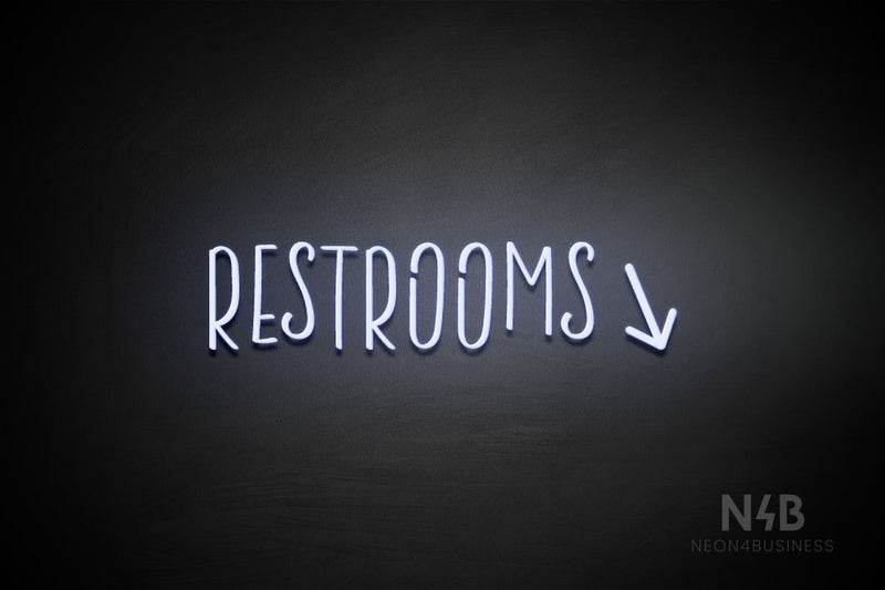 "RESTROOMS" (right down arrow, Brainstorm font) - LED neon sign
