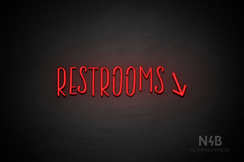 "RESTROOMS" (right down arrow, Brainstorm font) - LED neon sign
