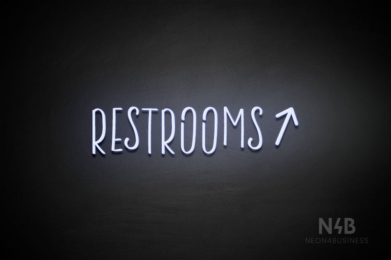 "RESTROOMS" (right up arrow, Brainstorm font) - LED neon sign