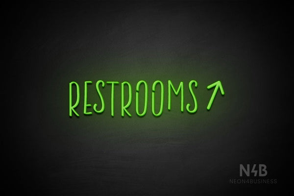 "RESTROOMS" (right up arrow, Brainstorm font) - LED neon sign