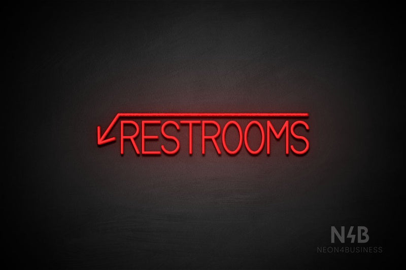 "RESTROOMS" (left down arrow, Bright Sky font) - LED neon sign