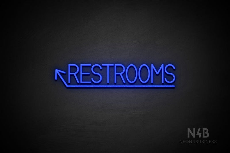 "RESTROOMS" (left up arrow, Bright Sky font) - LED neon sign