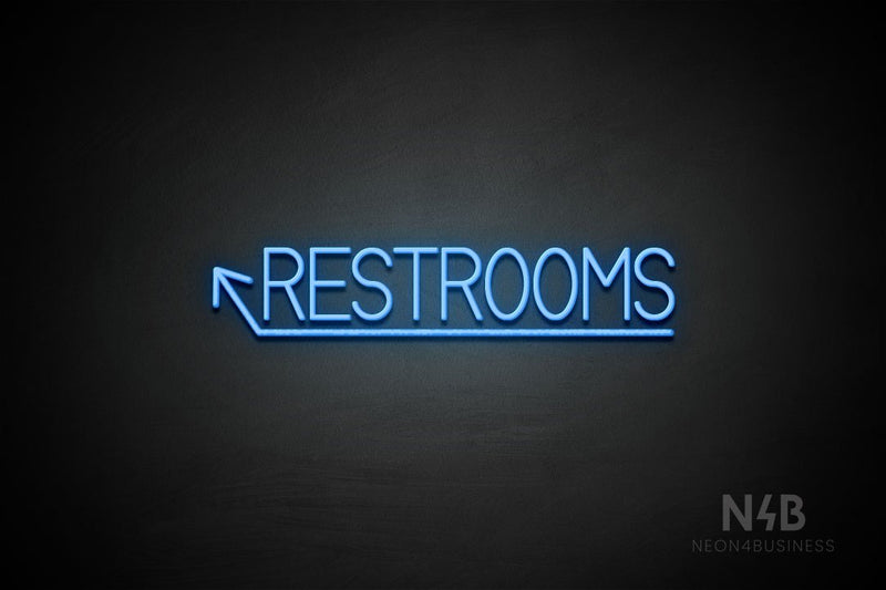 "RESTROOMS" (left up arrow, Bright Sky font) - LED neon sign