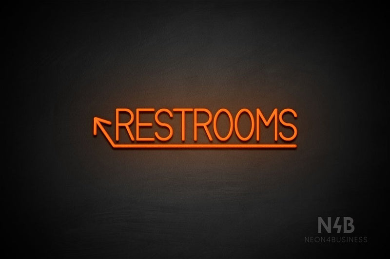 "RESTROOMS" (left up arrow, Bright Sky font) - LED neon sign