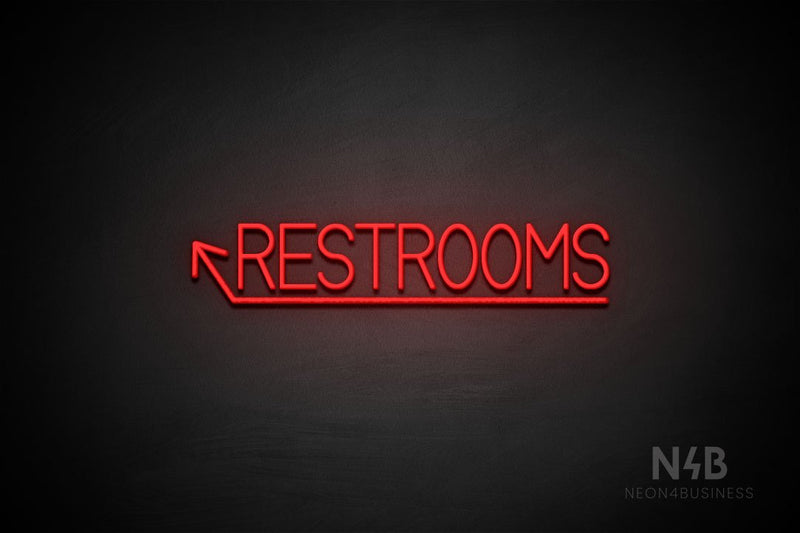 "RESTROOMS" (left up arrow, Bright Sky font) - LED neon sign