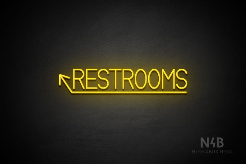 "RESTROOMS" (left up arrow, Bright Sky font) - LED neon sign