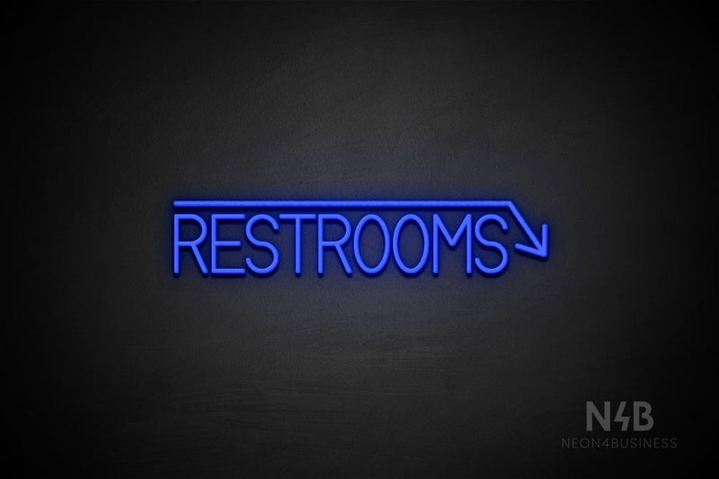"RESTROOMS" (right down arrow, Bright Sky font) - LED neon sign