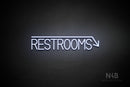 "RESTROOMS" (right down arrow, Bright Sky font) - LED neon sign