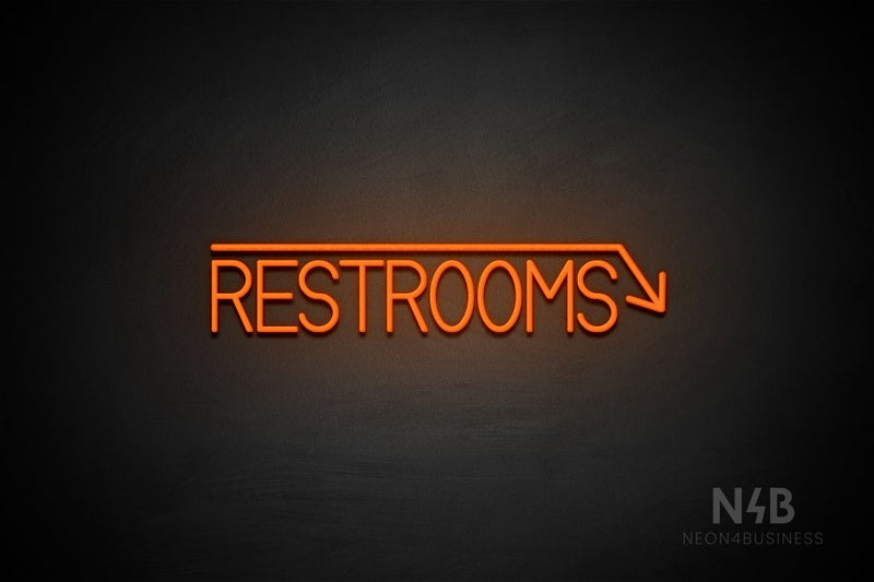 "RESTROOMS" (right down arrow, Bright Sky font) - LED neon sign