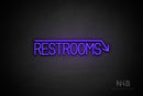 "RESTROOMS" (right down arrow, Bright Sky font) - LED neon sign