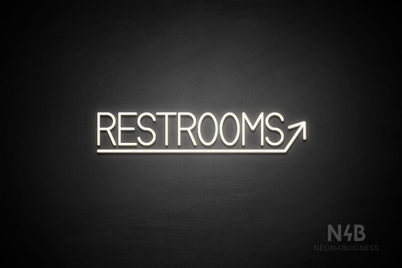 "RESTROOMS" (right up arrow, Bright Sky font) - LED neon sign