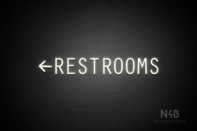 "RESTROOMS" (left arrow, Old Story font) - LED neon sign