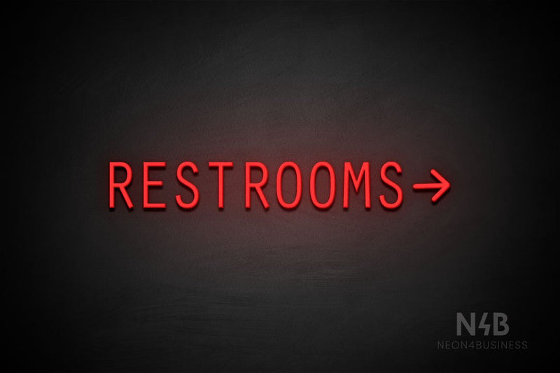 "RESTROOMS" (right arrow, Old Story font) - LED neon sign