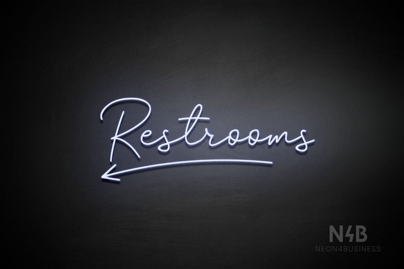 "Restrooms" (left arrow, Good Place font) - LED neon sign