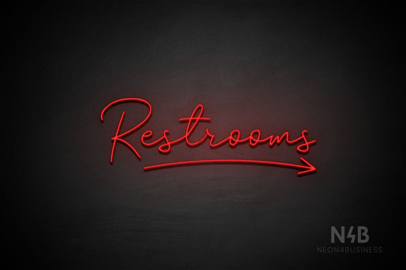 "Restrooms" (right arrow, Good Place font) - LED neon sign