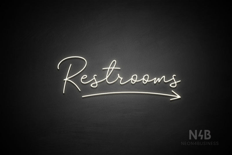 "Restrooms" (right arrow, Good Place font) - LED neon sign