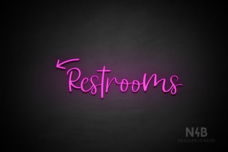 "Restrooms" (left down arrow, Breathtaking font) - LED neon sign