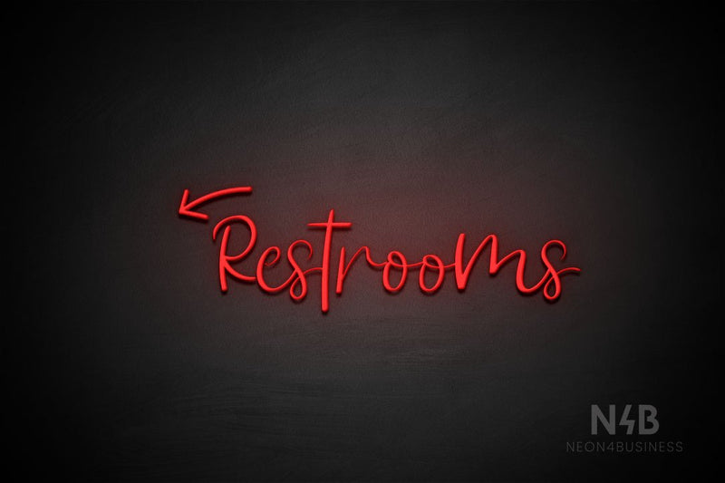 "Restrooms" (left down arrow, Breathtaking font) - LED neon sign