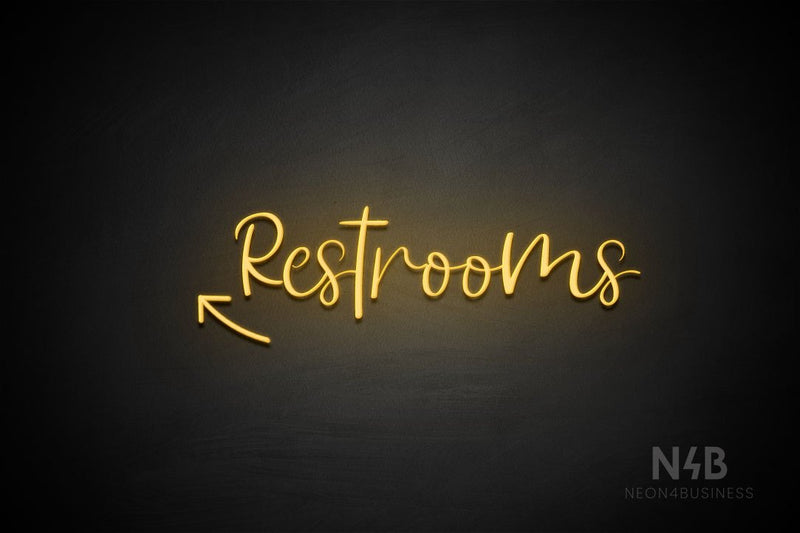 "Restrooms" (left up arrow, Breathtaking font) - LED neon sign
