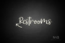 "Restrooms" (left up arrow, Breathtaking font) - LED neon sign