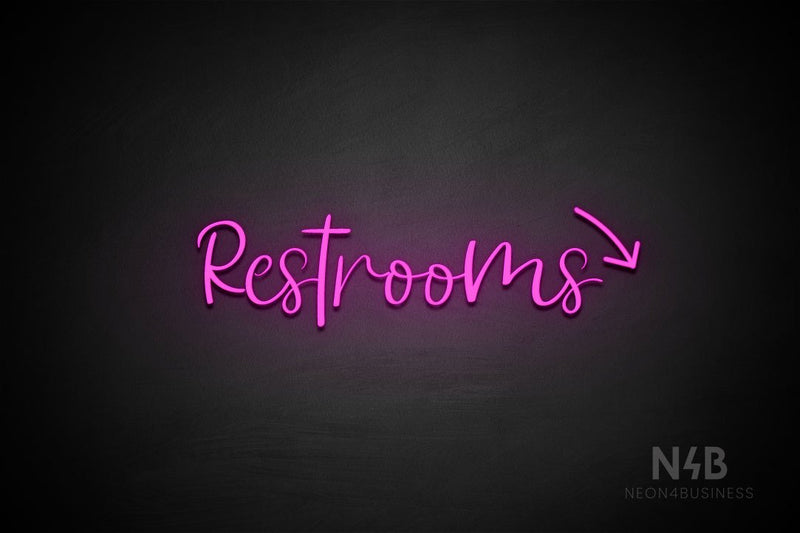 "Restrooms" (right down arrow, Breathtaking font) - LED neon sign