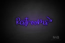 "Restrooms" (right down arrow, Breathtaking font) - LED neon sign