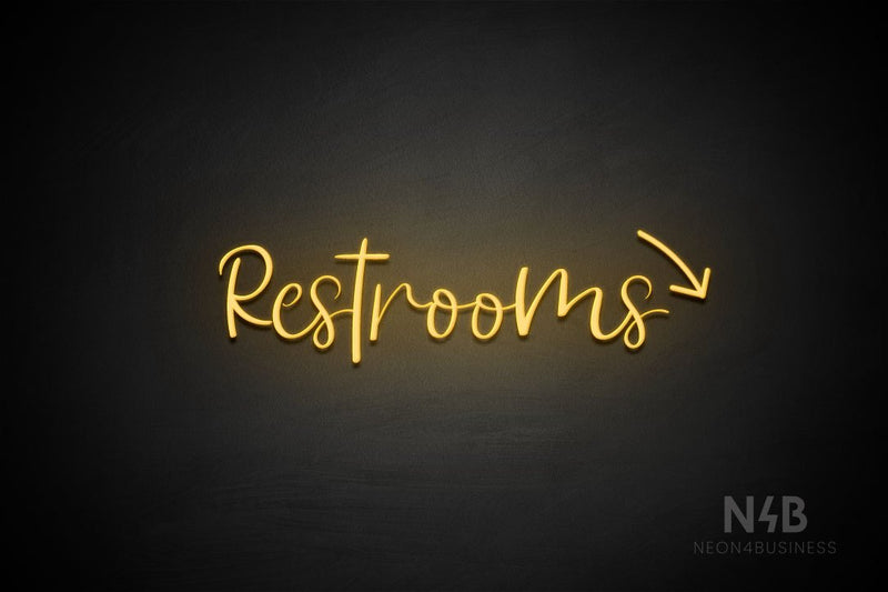 "Restrooms" (right down arrow, Breathtaking font) - LED neon sign