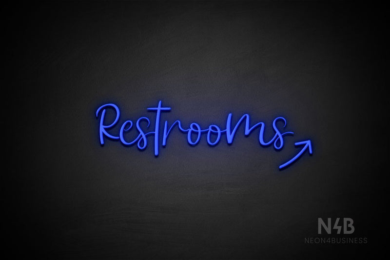 "Restrooms" (right up arrow, Breathtaking font) - LED neon sign