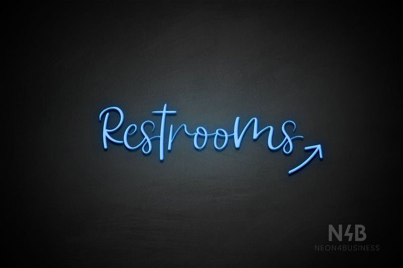 "Restrooms" (right up arrow, Breathtaking font) - LED neon sign