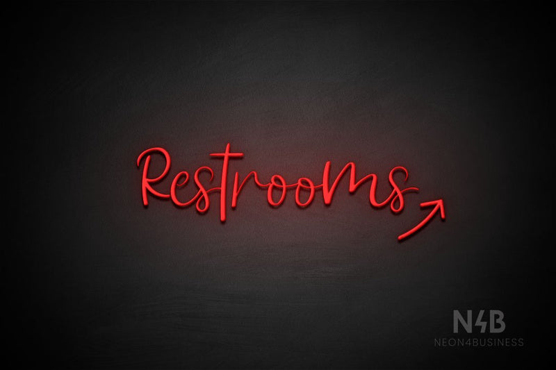 "Restrooms" (right up arrow, Breathtaking font) - LED neon sign