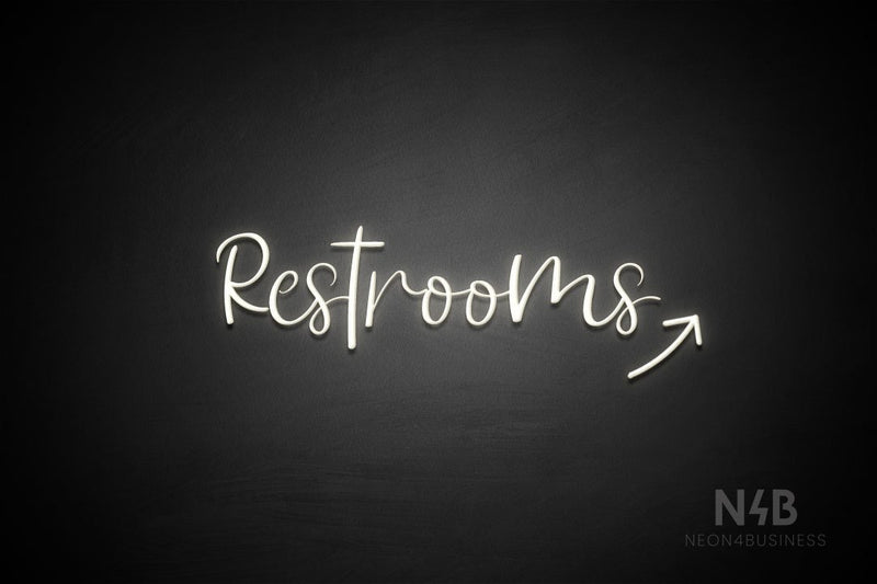 "Restrooms" (right up arrow, Breathtaking font) - LED neon sign