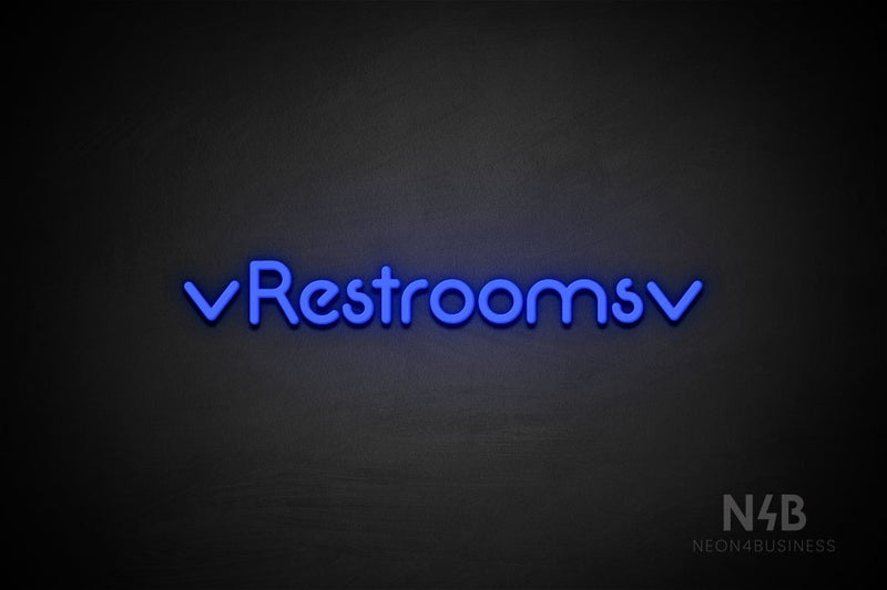 "Restrooms" (two-sided down arrow, Mountain font) - LED neon sign