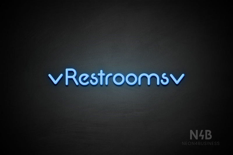 "Restrooms" (two-sided down arrow, Mountain font) - LED neon sign
