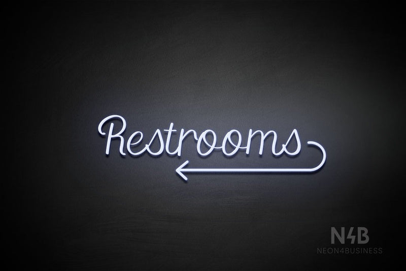 "Restrooms" (left arrow, Rommina font) - LED neon sign