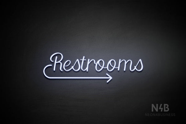 "Restrooms" (right arrow, Rommina font) - LED neon sign