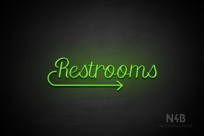 "Restrooms" (right arrow, Rommina font) - LED neon sign