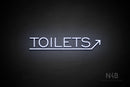 "TOILETS" (capitals, right up arrow, One Day font) - LED neon sign