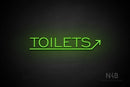 "TOILETS" (capitals, right up arrow, One Day font) - LED neon sign